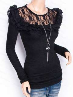 Elegant Stretchy Black Victorian Lace Ruffles Long Sleeves Tunic 