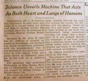 1953 newspaper Medical Doctor invent HEART LUNG MACHINE  