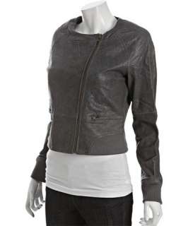 Gar de charcoal leather Wilhelm crewneck zip front jacket