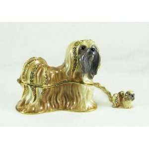  Lhasa Apso Dog Figurine Collectible Jeweled Hinged Trinket 