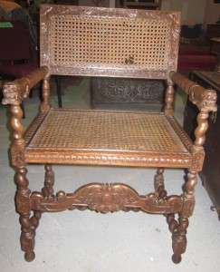 Carved Oak and Wicker Antique Chair with Barley Legs  
