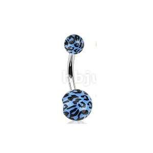    Steel Navel Ring with Blue Leopard Print Acrylic Balls: Jewelry
