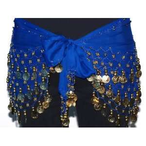   Chiffon Belly Dance Skirt Belt Hip Scarf Wrap with Gold Coin Dark Blue