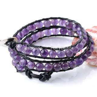 New 8.5/15L HOT STYLE Amethyst Agate Bead Black Leather Cord Wrap 