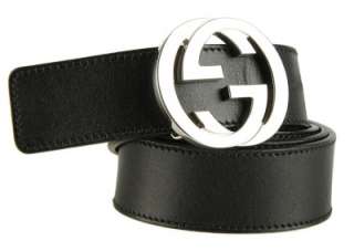 GUCCI MENS BLACK LEATHER SILVER TONE GG BUCKLE BELT 110/44  