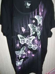 Black Tee W/ White Butterflies and Pink Flowers Glitter Printed NEW 