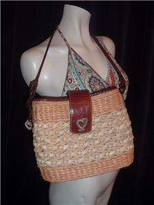Great BRIGHTON Hobo~BROWN TOOLED LEATHER STRAW SILVER HEART~Large 