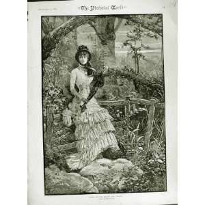  1882 AUTUMN SCENE COUNTRY LADY UMBRELLA TREES LUDLOW