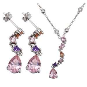    Sterling Silver Colorful Dangling Pendant and Earring Set Jewelry