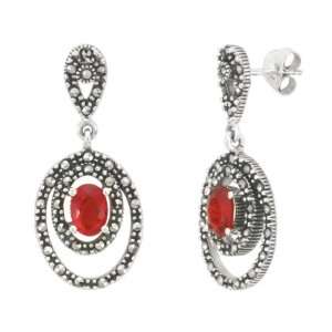   Marcasite and Garnet Colored Glass Double Oval Earrings Jewelry