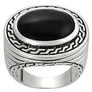    Silvertone Oval cut Created Black Agate Greek Key Ring: Jewelry