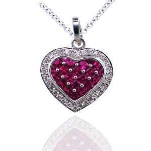  18K White Gold Diamond Ruby Heart Invisble Set Pendant 