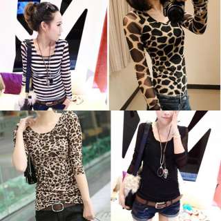Styles Sexy Crew Neck Long Sleeve Tops Slim Bottoming Leopard T 