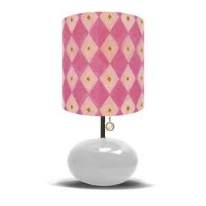 Pink Arygle Lamp on a White Base with Pink and Yellow Paper Flowers 