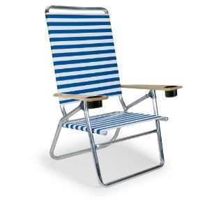   High Boy Folding Beach Arm Chair with Cup Holders, Blue/White Stripe