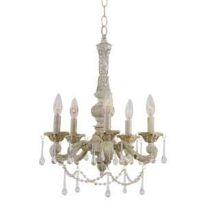   Globe 5 Lt Antique White Mini Chandelier W/ Crystal Accents12009 AW