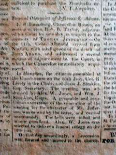 1826 newspaper THOMAS JEFFERSON & JOHN ADAMS DEAD   in LYNCHBURG 