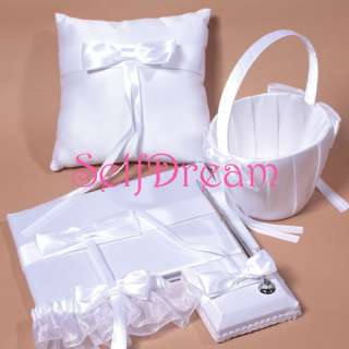 GB10 White Ribbon Set Wedding Guest Book Ring Pillow  