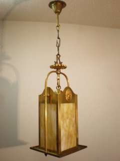 1920 30 Art & Crafts slag glass and brass hall light fixture.  