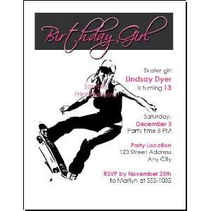  Skateboard Girl Birthday Party Invitation 