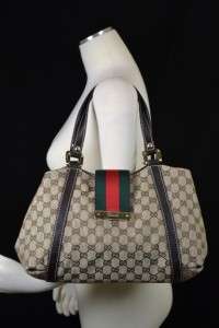GUCCI GG Web Tote Flap Snap Monogram Canvas Leather Brown Beige 