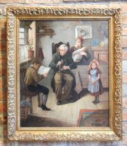   Listed American Family Genre Interior Antique Oil Painting  