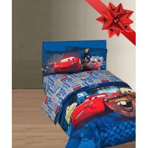  Twin Bed with Cars Themed Sheet Set and Custom Headboard 