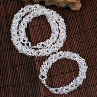AB White Crystal Glass Bead Weave Necklace Bracelet Set  