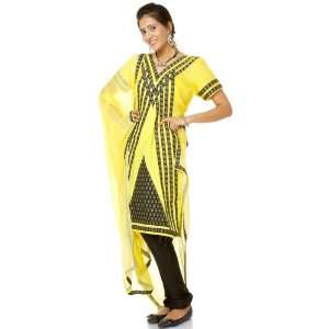 Maize Yellow and Black Choodidaar Salwar Suit with Self Weave   Art 