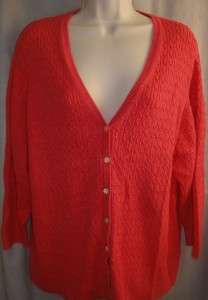 LANDS END Womens 2X 20W 22W Coral Pink Cable Thin Knit Cardigan 