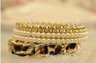   Retro 5 in 1 Circle Leopard Pearl Golden Wide Bangle Bracelet  