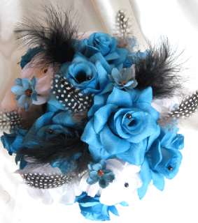   Bridal Silk flowers TURQUOISE WHITE BLACK 17pc package bouquets  