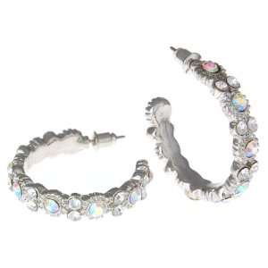 Silvertone and Aurora Borealis Stone 1 Hoop Earrings Fashion Jewelry