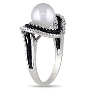 Sterling Silver 1/4 CT TDW Diamond Freshwater White Pearl Fashion Ring 