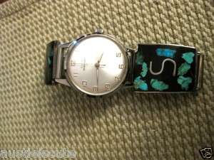NAVAJO INDIAN OLD PAWN TURQUOISE SILVER WATCH BAND BRACELET w/ Elgin 