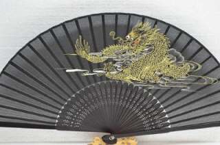 New Chinese Black Silk Pocket Hand Fan Dragon JUN11 16  
