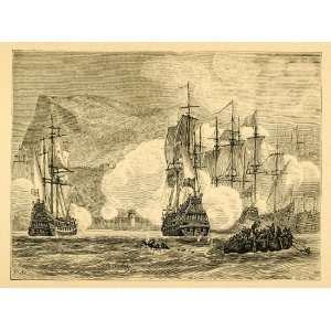  Wood Engraving Attack Gibraltar Military Vessel Fleet Mast Warship 