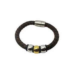  Stylish Brown Leather Mens Titanium Stainless Steel Bracelet: Jewelry