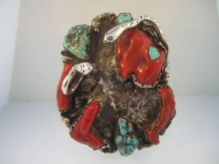   ES NAVAJO TURQUOISE & RED CORAL SNAKE STERLING SILVER CUFF BRACELET