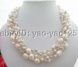 Natural 5Strds Grey Reborn Keshi Pearl&White Pearl Necklace