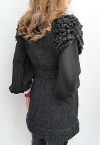   Grey Black Hand Knit Chunky Wool Coat Cardigan UK12 14   Large  