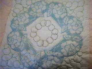 UNFINISHED ALL HAND CROSS STITCHED WREATH OF ROSES QUILT #E79  