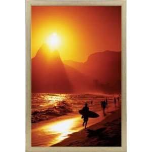 Surfen Poster und Holz Rahmen   Ipanema Strand Bei Sonnenuntergang 