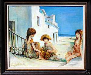 JACQUES LALANDE, 3 CHILDREN BY THE SEA, OIL ON CANVAS  