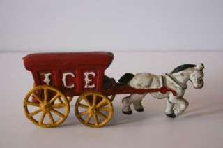 Antique Cast Iron Ice Truck Horse Drawn Wagon Red White  