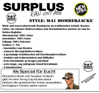 SURPLUS MA1 BOMBERJACKE JACKE SCHWARZ S 5XL +Gratis Cap  