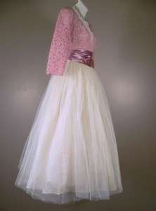 Vintage 50s Party Dress White Tulle Pink Lace Prom Wedding Full Skirt 