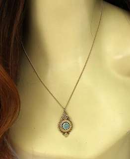 ANTIQUE 14K GOLD & TURQUOISE ORNATE PENDANT W/ CHAIN  