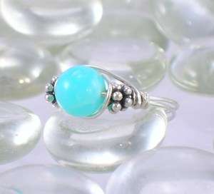 Blue Peruvian Opal Sterling Silver Bali Bead Ring  