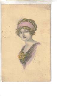 Artist Signed pretty lady art rose lavender postcard  